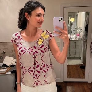 Anthro Print Blouse with Flower Detail